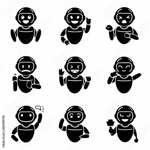 Set of nine robots with different facial expressions and gestures, isolated on