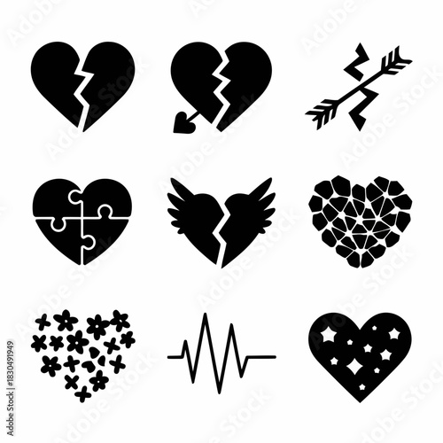 Collection of nine black heart icons with different designs and symbols representing love, pain, and connection