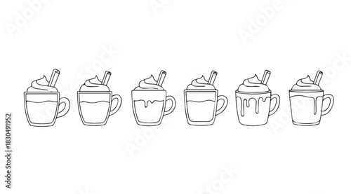 Collection of six delicious milkshakes with whipped cream and straws silhouette
