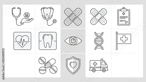 Vector illustration of medical icons set collection of healthcare symbols, including stethoscope, tooth, bandage, clipboard, heart, eye, dna, flag, pills, shield, ambulance