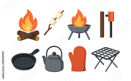 Campfire essentials flat vector illustration, marshmallows, cooking, flames