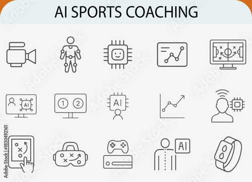 artificial intelligence sports coaching line icon set, modern athlete performance vector