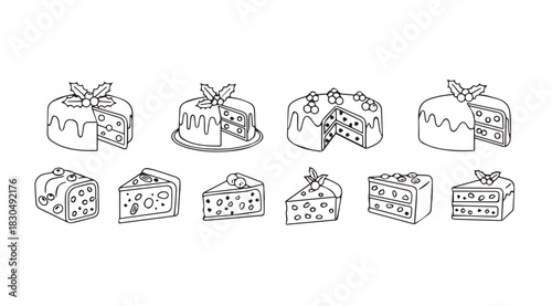 Collection of hand drawn cake slices and whole cakes in a distinctive silhouette style