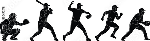Baseball players silhouette in action, pitcher, batter, catcher, runner, fielder, black vector, dynamic posture, sports motion, athletic movement, team roles