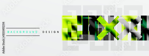 Abstract geometric design. Overlapping shapes create dynamic visual texture. Light gray background supports vibrant green, black elements.