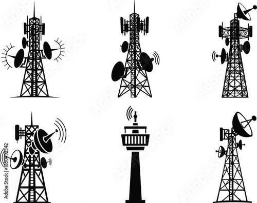 Communication tower silhouettes, satellite dish icons, telecom infrastructure, antenna systems, broadcast signal, flat vector