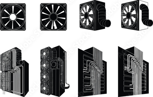 Computer cooling fan, GPU heat sink, circuit board, airflow system, hardware components, technical illustration, flat vector