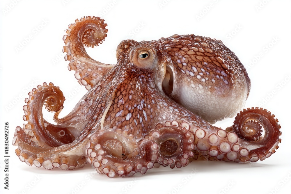 Fototapeta premium A vibrant brown octopus showcases its many intricate tentacles, each with visible suckers, as it rests calmly against a pure white studio background.