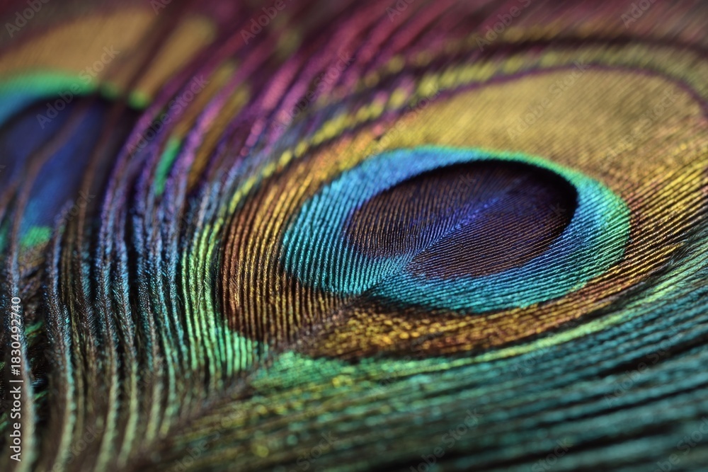 Fototapeta premium A stunning close up shows the intricate eye pattern of a vibrant peacock feather with iridescent blue, green, and gold colors.