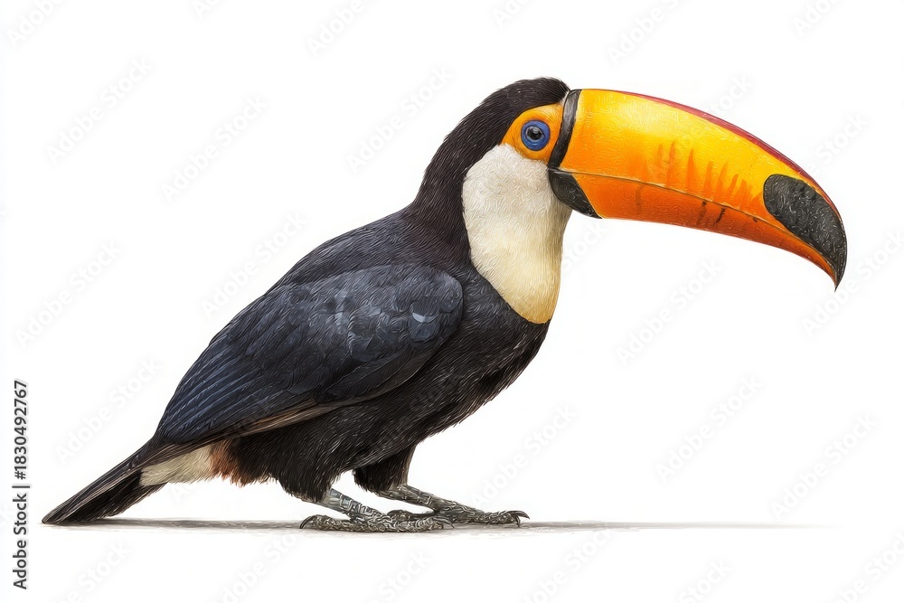 Obraz premium A tropical toucan bird with a bright orange beak and dark feathers stands isolated on a clean white background in profile.