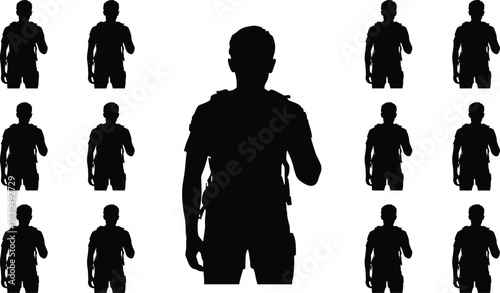 Silhouette of central figure with group, leadership concept, hierarchy symbol, black vector illustration, symmetrical pattern, influence icon, team formation, unity design