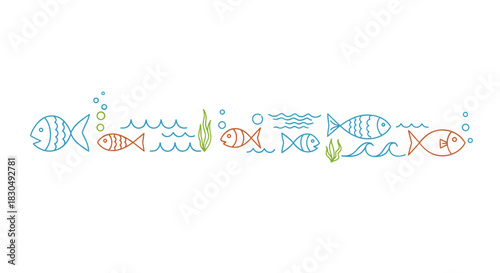 Fish-themed decorative divider, playful aquatic elements, charming accents for creative projects, copy space