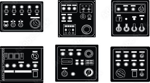 Control panel illustrations, instrument interfaces, switch layouts, industrial dials, button arrays, gauge systems, machinery icons - flat vector