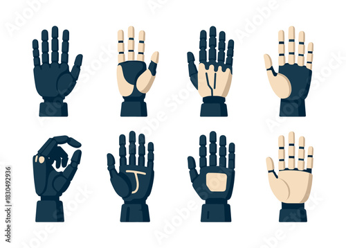 Robotic hand gestures vector illustration, cyborg, prosthetic, flat vector style
