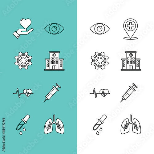 Vector illustration of collection of medical icons representing healthcare services, including cardiology, pulmonology, ophthalmology, and general hospital care, on a split background