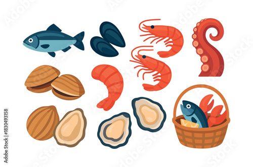 Seafood variety vector illustration, flat vector, fish, shrimp, clams, and oysters