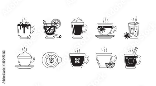 Collection of hand drawn beverage silhouettes featuring coffee and cocktails