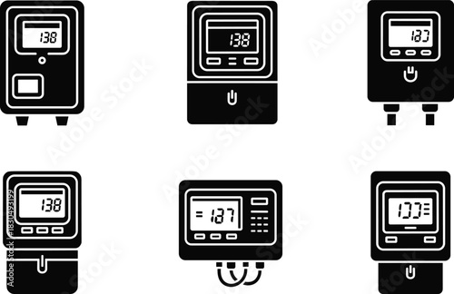 Digital electricity meter icon set, numeric display views for utility monitoring and infrastructure, flat vector