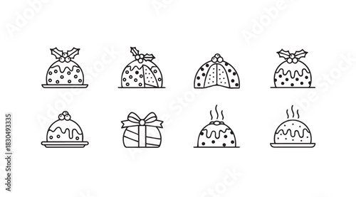 Collection of eight distinct christmas pudding and gift box silhouettes for festive design