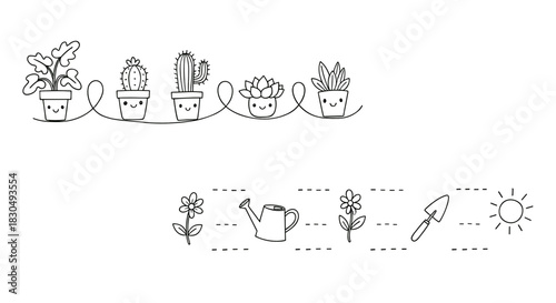 Plant themed text dividers with potted plants and gardening tools in simple line art style
