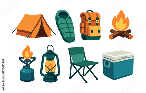 Camping gear essentials, flat vector illustration, tent, backpack, campfire