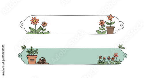 Floral decorative text dividers featuring potted plants and flowers in colorful doodle style