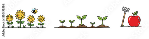 Gardening themed text dividers with sunflowers, seedlings, and gardening tools in cheerful doodle style