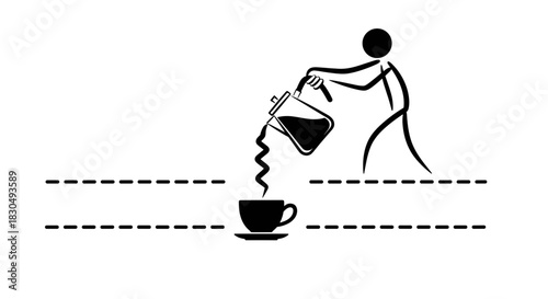Coffee pouring text divider with stick figure and cup in minimalist line art style, copy space