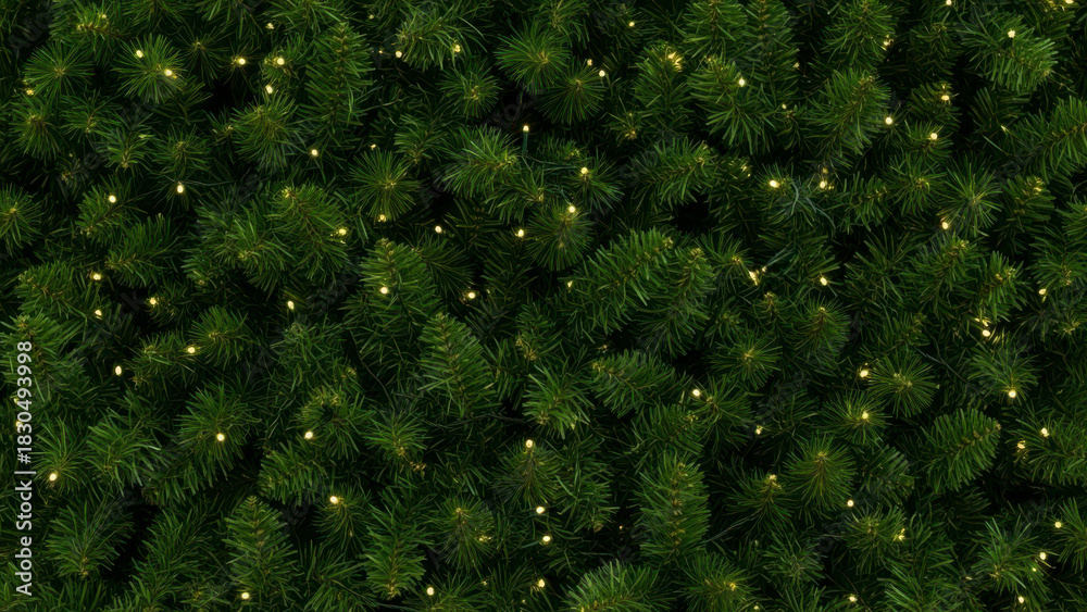 Fototapeta premium Full frame background texture of lush green Christmas tree branches decorated with small warm glowing string lights
