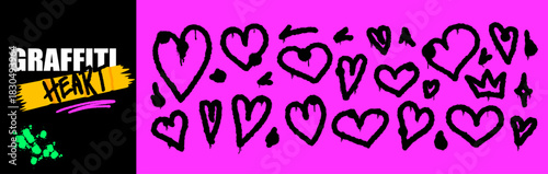 Street art heart graffiti icons with scattered paint flecks and grafitti drips, delivering a strong love aesthetic through repeating heart forms and bold grafitti paint.