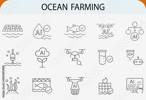 artificial intelligence ocean farming line icon set, smart aquaculture robotics vector