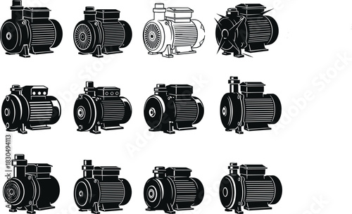 Electric motors, industrial motor types, mechanical units, engineering components, vector icons, technical devices, flat vector