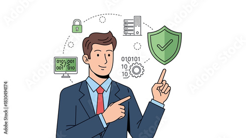 Business professional pointing at security shield and technology icons
