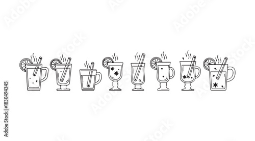 Collection of elegant cocktail glasses with decorative elements silhouette
