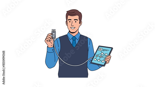 IT professional holding network cable connected to tablet