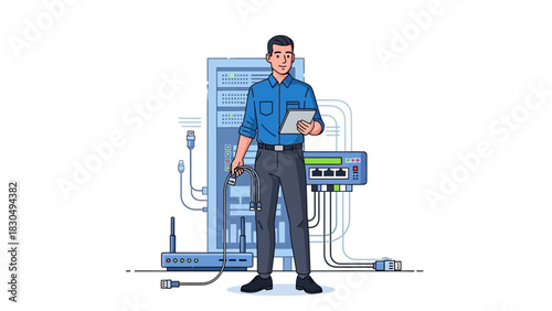 IT Technician holding cables near server rack with tablet