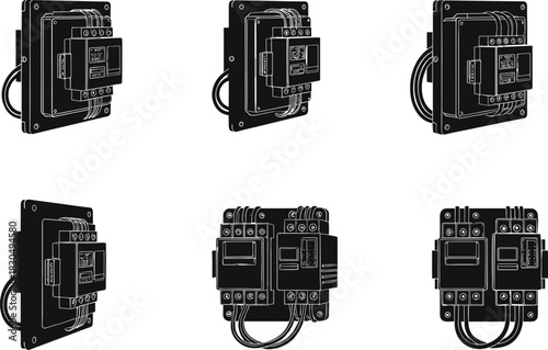 Electrical circuit breaker icon set, panel-mounted contactor views for engineering documentation and design, flat vector