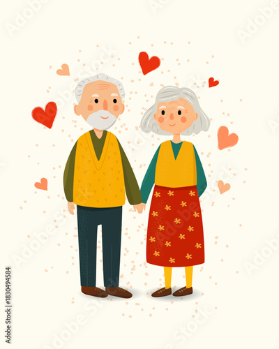 Cute elderly couple holding hands surrounded by hearts. Happy senior man and woman in love. Naive art style vector illustration for Valentine's Day card, anniversary print and family design concept.