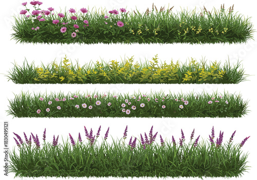 Set of five floral grass strips with colorful flowers in pink, purple, yellow, and green textures for garden and landscape design"