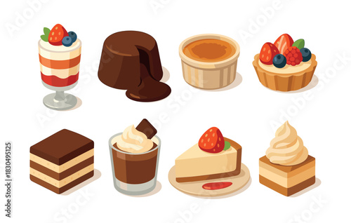 Dessert collection, chocolate, fruit tarts, flat vector illustration