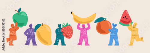Set of happy Boy and girl with fruit. Vitamins, healthy food. Colorful vector illustration
