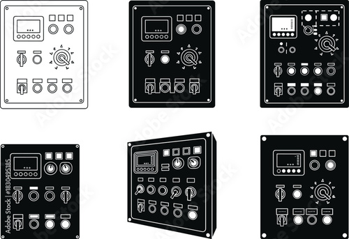 Electrical control panels, switch interfaces, industrial monitoring units, button layouts, gauge systems, automation icons - flat vector