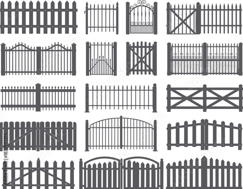 Diverse Fence and Gate Vector Set: Picket, Metal, and Wooden Styles for Security, Property Boundary, and Landscape Architecture