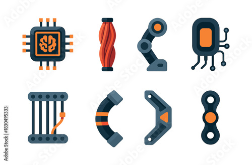 Tech components and devices, flat vector illustration, digital icons