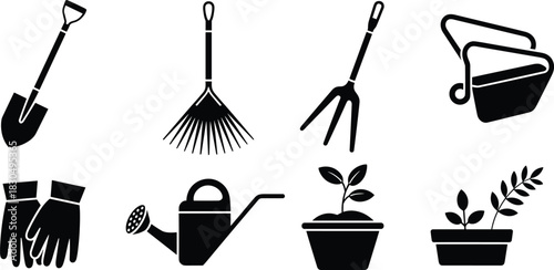 Gardening Tool Silhouette Vector Icon Set: Shovel, Rake, Watering Can, and Plant for Horticulture and Yard Work Design