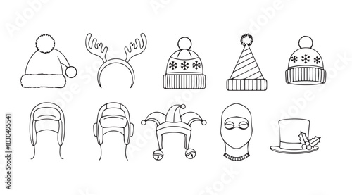 Collection of diverse winter hats and festive headwear in a simple silhouette style