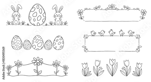 Easter decoration elements with bunnies, eggs, and flowers in hand-drawn style, text separator