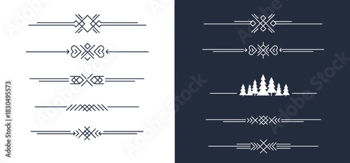 Set of elegant dividers with decorative patterns and nature themes on contrasting backgrounds