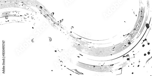 Black and white abstract musical notes and staves forming a swirling wave pattern sheet staff