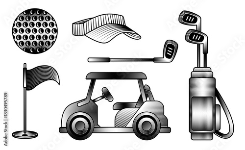 Golf sport equipment hand drawn vector illustration set ball clubs in bag cart flag visor cap vintage engraving style black isolated club logo or tournament
